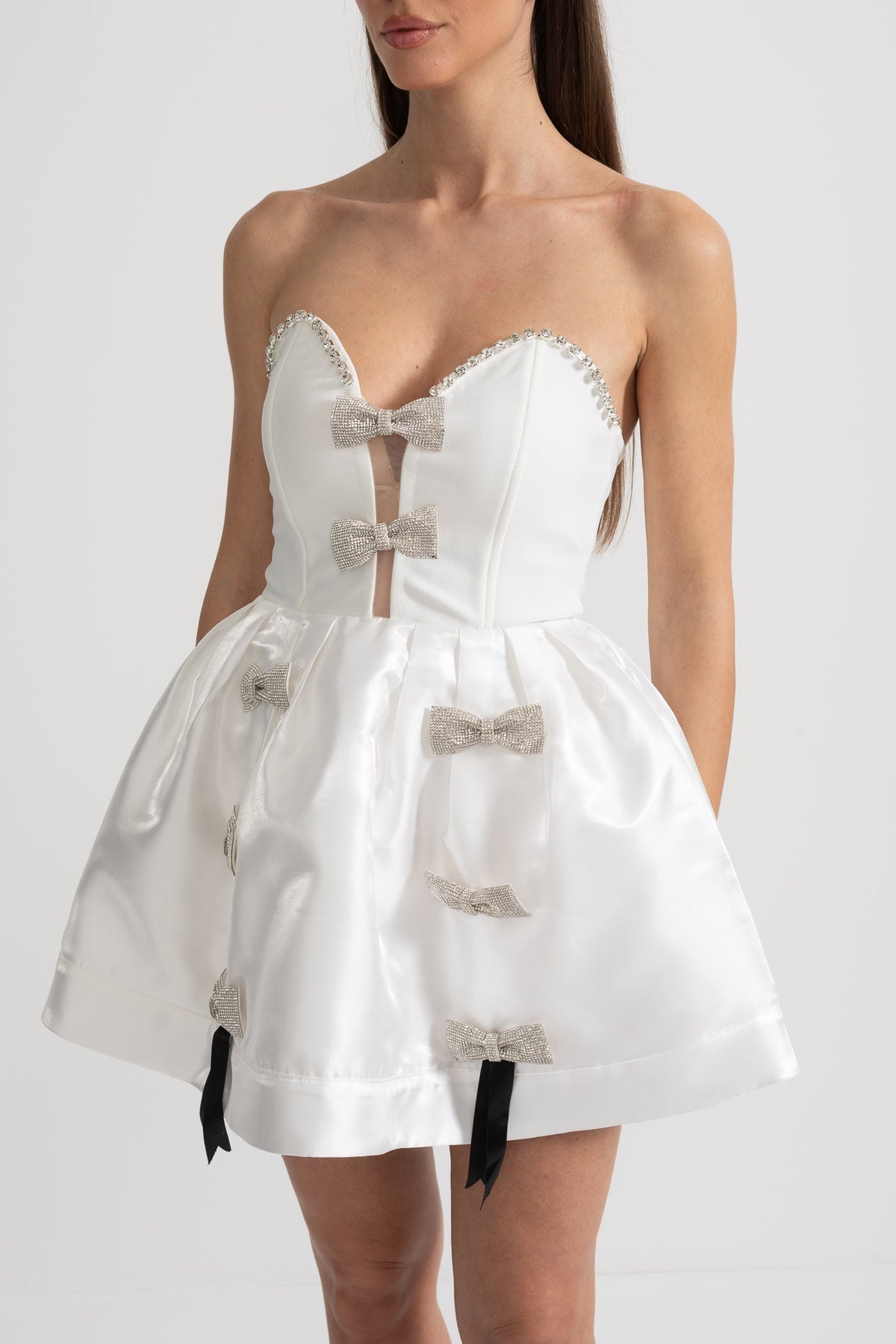 Strapless Sweetheart Rhinestone Bow Corset Satin Flared Mini Dress 11