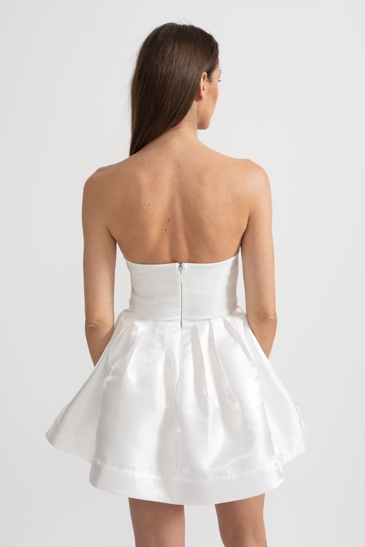 Strapless Sweetheart Rhinestone Bow Corset Satin Flared Mini Dress 12