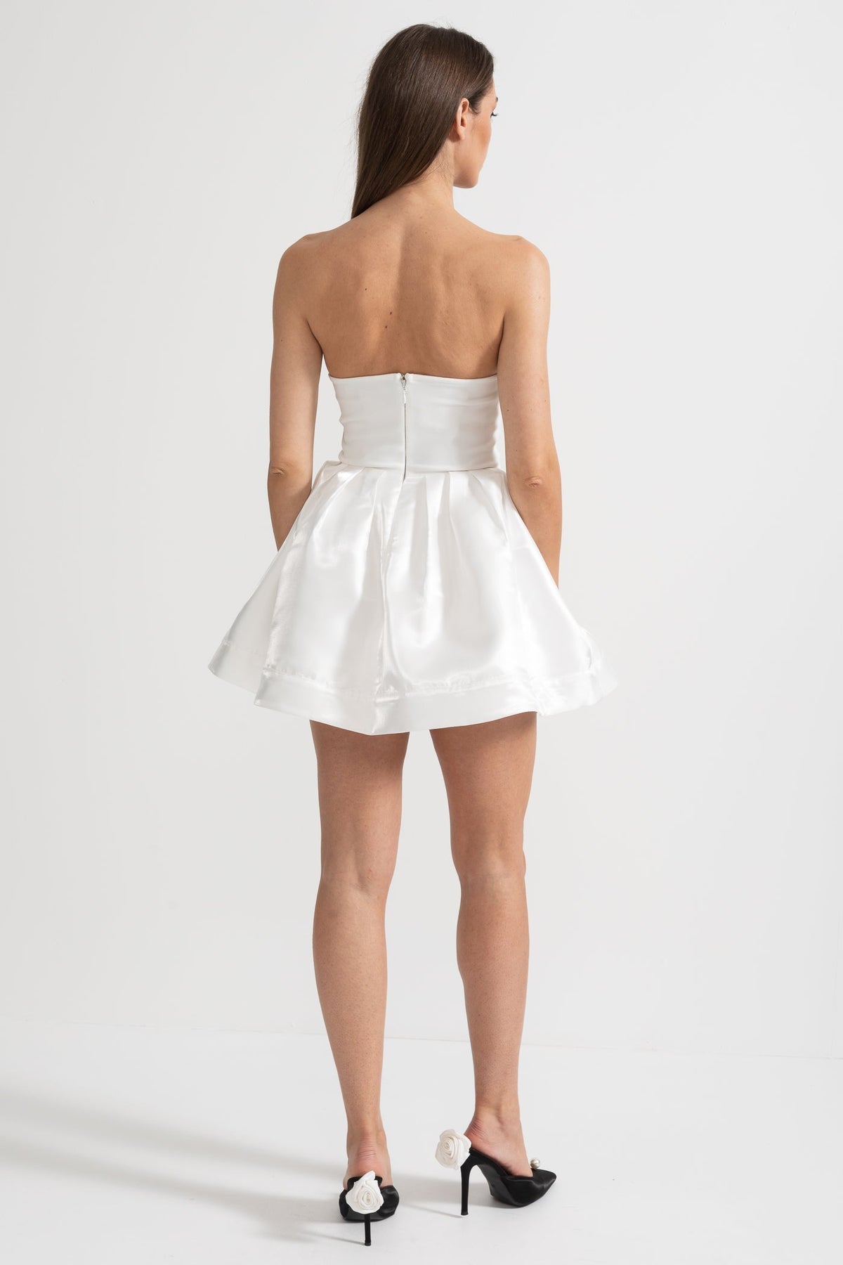 Strapless Sweetheart Rhinestone Bow Corset Satin Flared Mini Dress 13