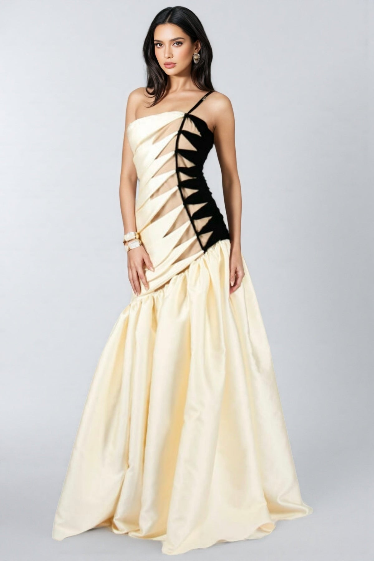 One Shoulder Pleated Satin Contrast Cut Out Drop Waist Mermaid Gown 2