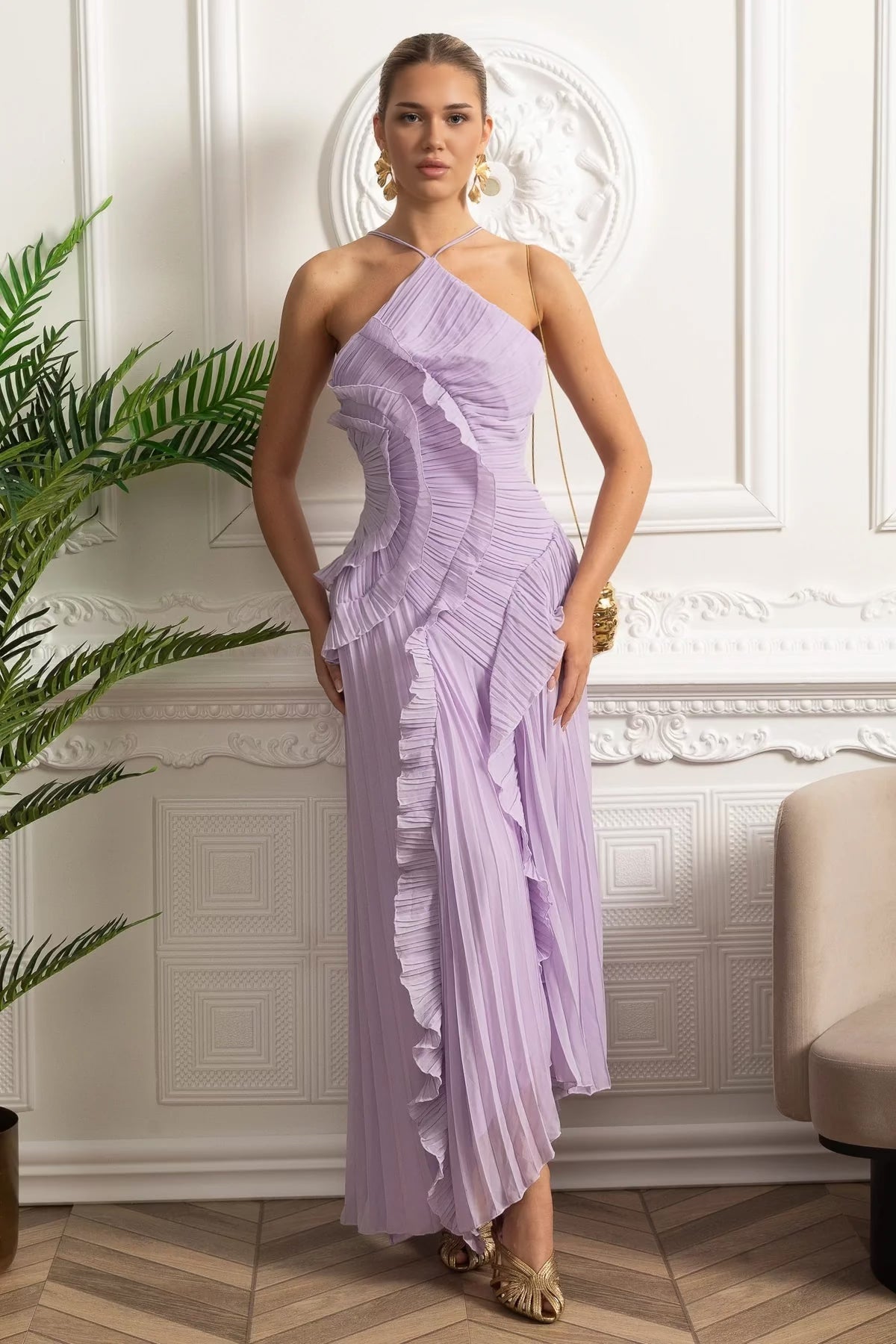 Pleated Halter Neck Cascading Ruffle High Split Maxi Dress 4