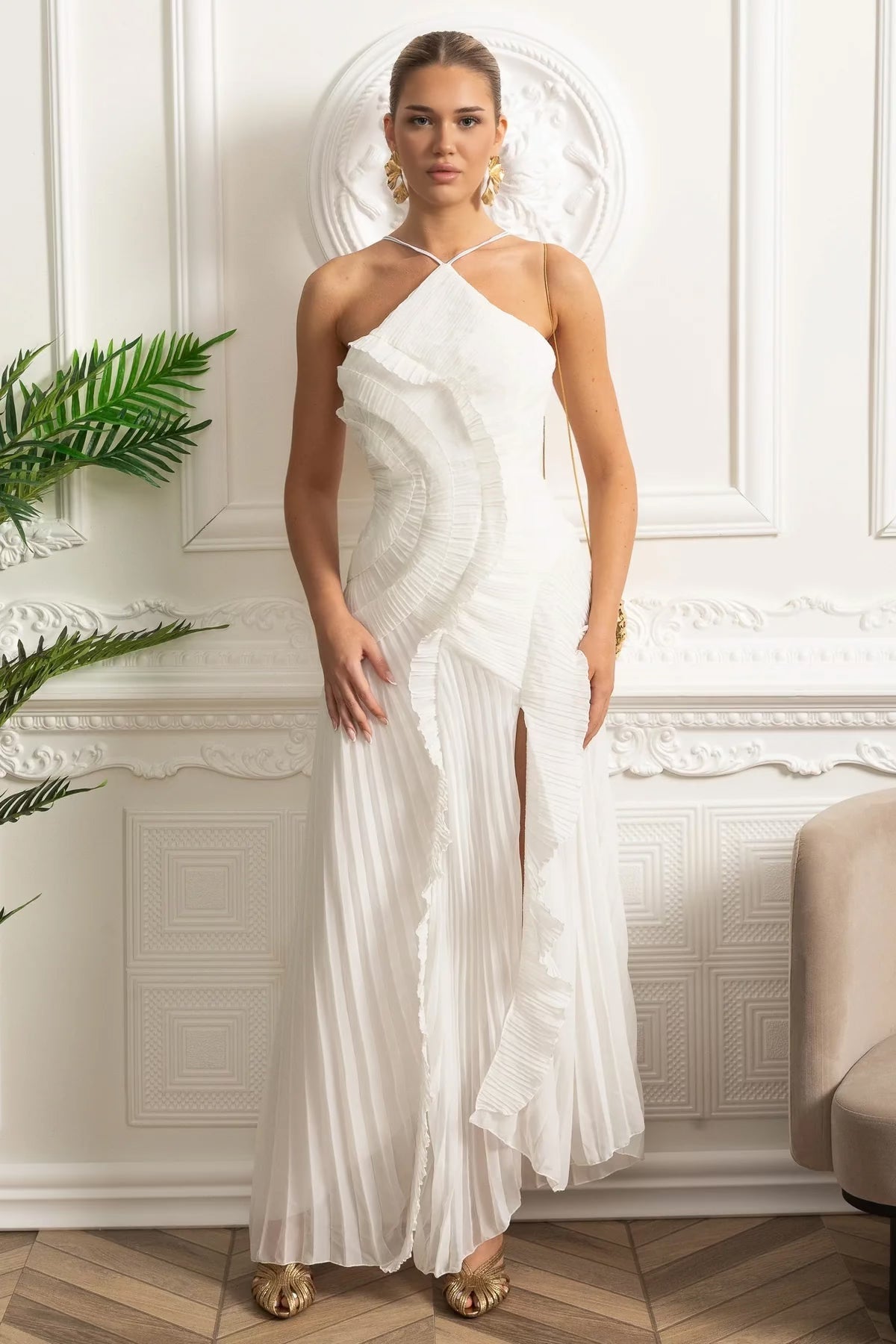 Pleated Halter Neck Cascading Ruffle High Split Maxi Dress 4