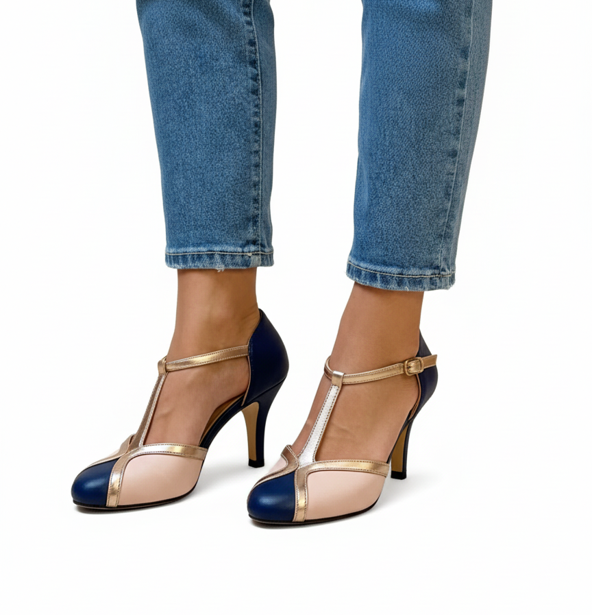 Round Toe T-Strap Ankle Strap Stiletto Heel Pumps