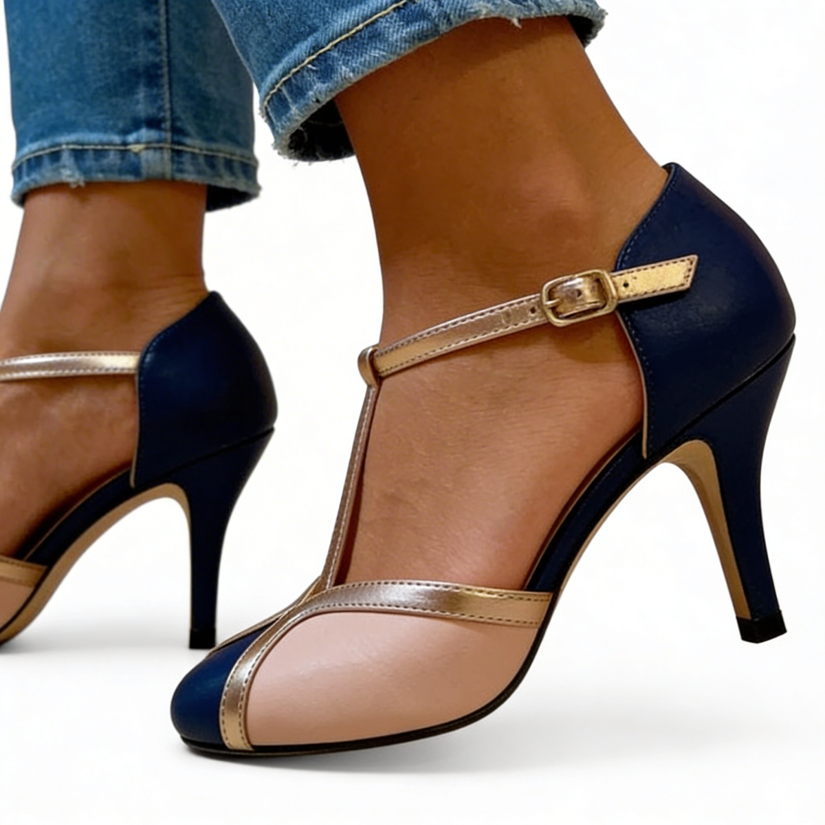 Round Toe T-Strap Ankle Strap Stiletto Heel Pumps