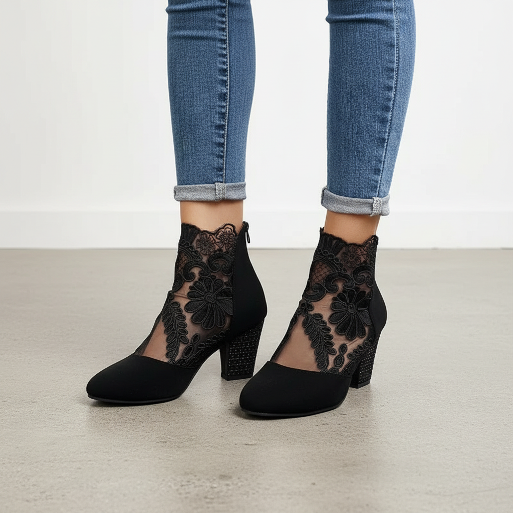 Floral Lace Mesh Round Toe Block Heel Ankle Boots