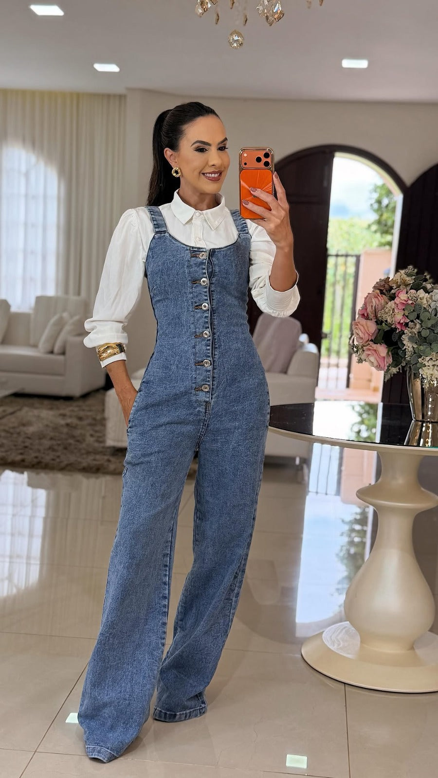 Square Neck Button Front Wide Leg Denim Jumpsuit