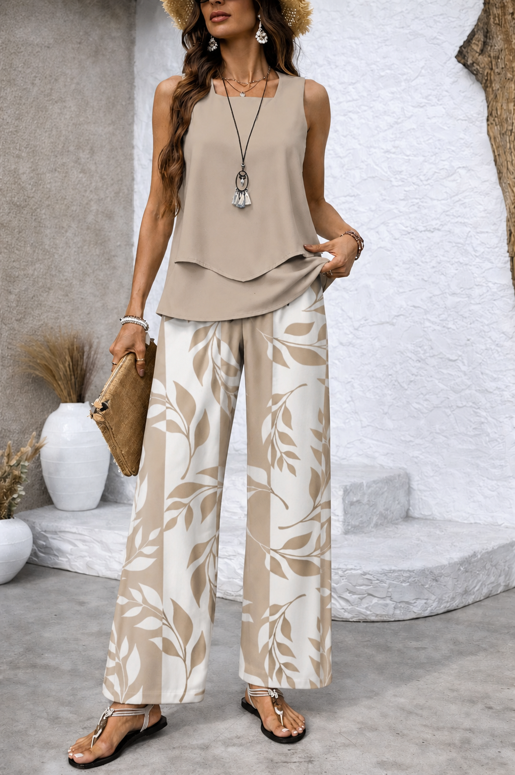 Sleeveless Layered Top and Leaf Print Wide Leg Pants Two Piece Set