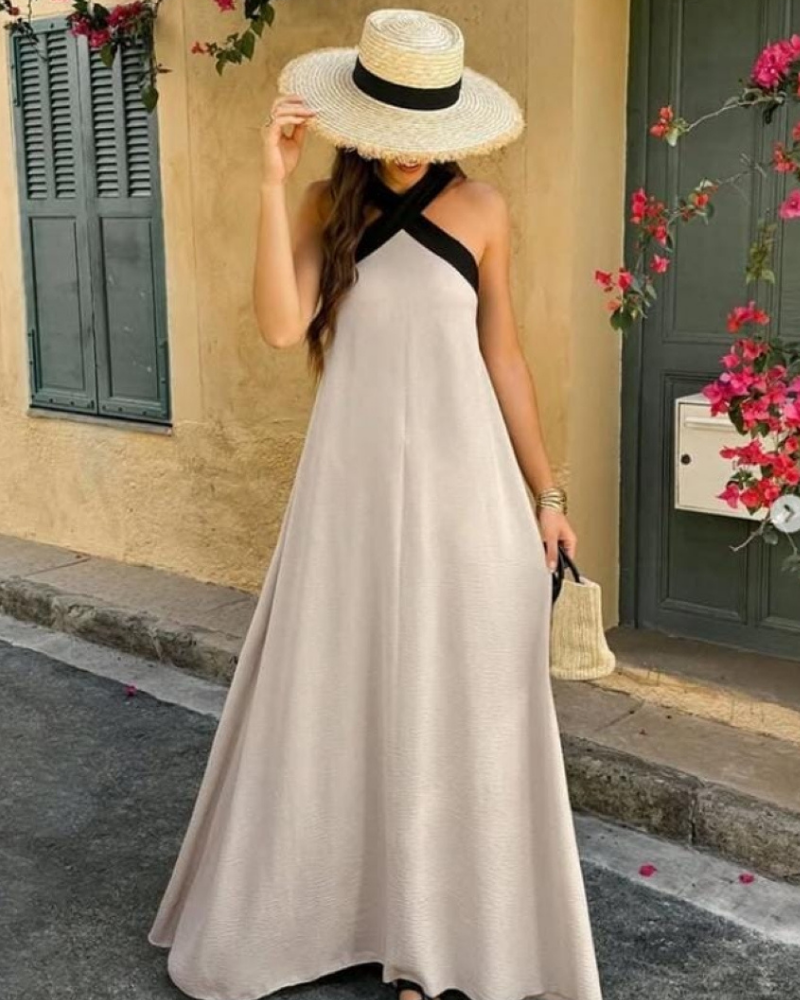 Cross Halter Neck Contrast Panel Sleeveless Draped Maxi Dress