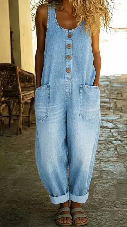Scoop Neck Button Front Wide Leg Denim Overall Jumpsuit