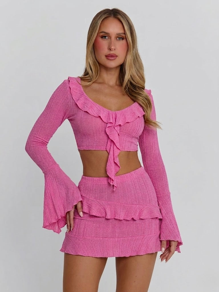 Ribbed Knit Ruffle Flare Sleeve Crop Top and Mini Skirt Two Piece Set