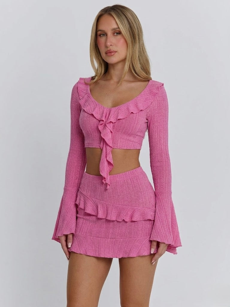 Ribbed Knit Ruffle Flare Sleeve Crop Top and Mini Skirt Two Piece Set 2