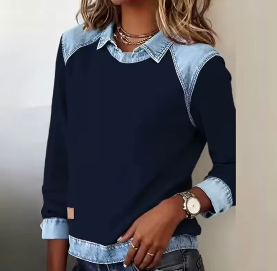 Denim Contrast Crew Neck Long Sleeve Sweatshirt