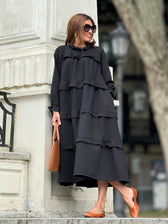High Neck Long Sleeve Tiered Ruffle Midi Dress 2