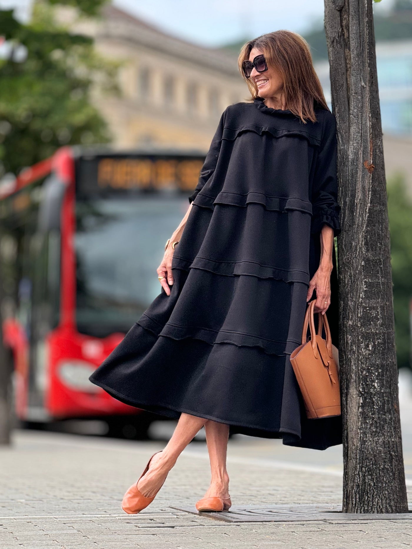 High Neck Long Sleeve Tiered Ruffle Midi Dress