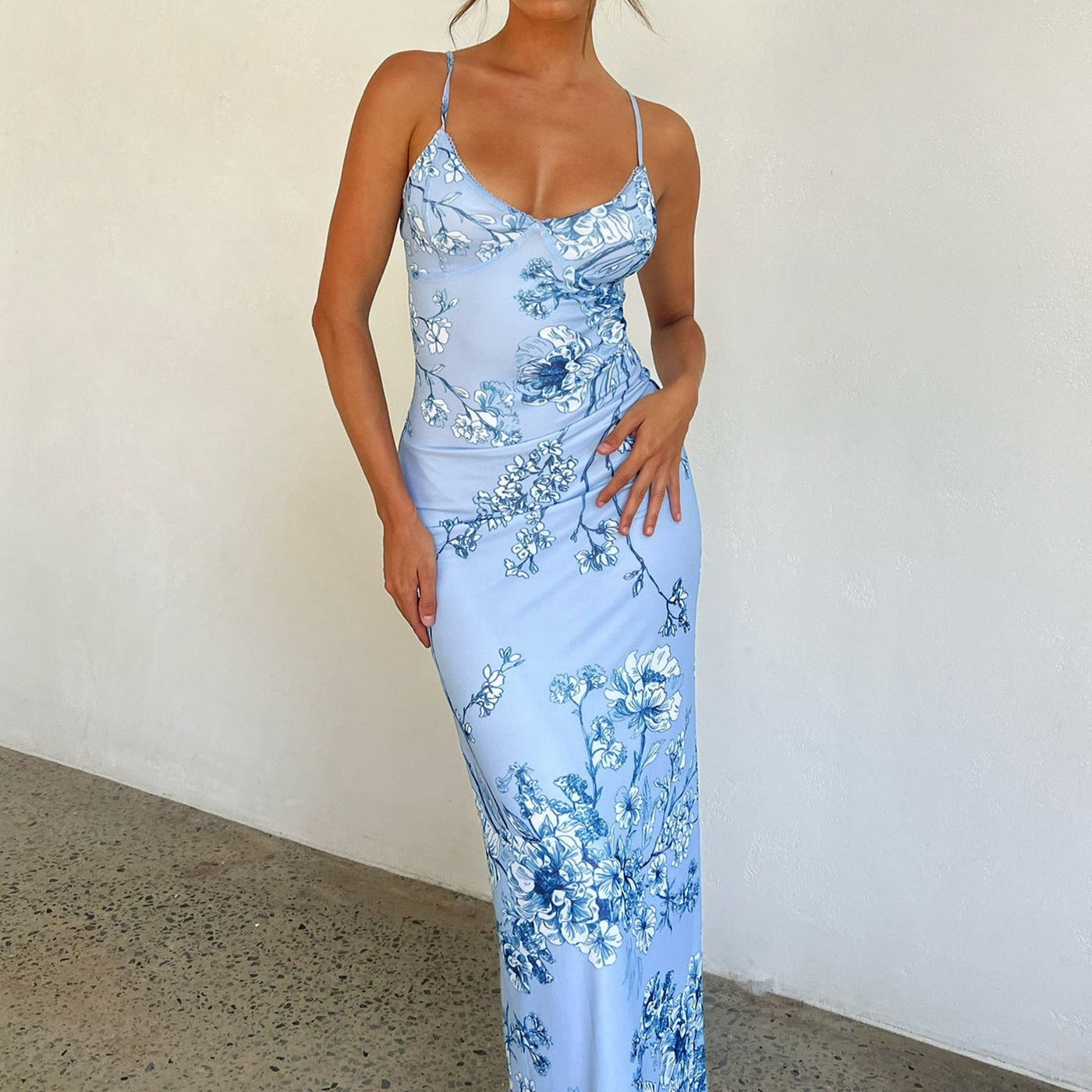 Floral Mesh V-Neck Spaghetti Strap Bodycon Maxi Dress 5