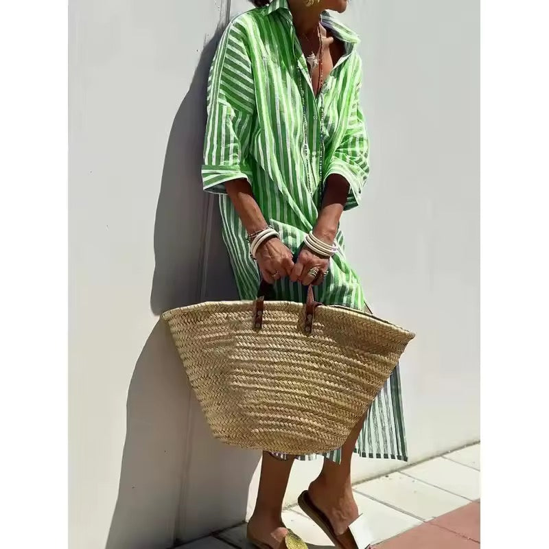Striped Button Front Long Sleeve High Split Maxi Shirt Dress