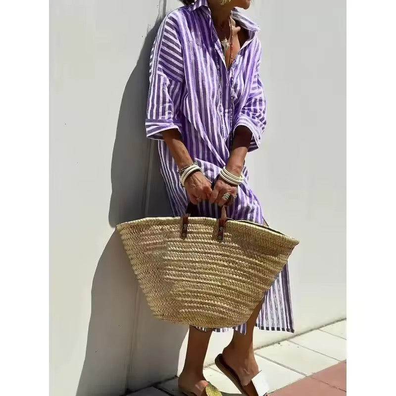 Striped Button Front Long Sleeve High Split Maxi Shirt Dress