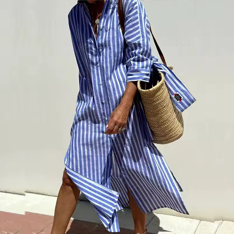 Striped Button Front Long Sleeve High Split Maxi Shirt Dress