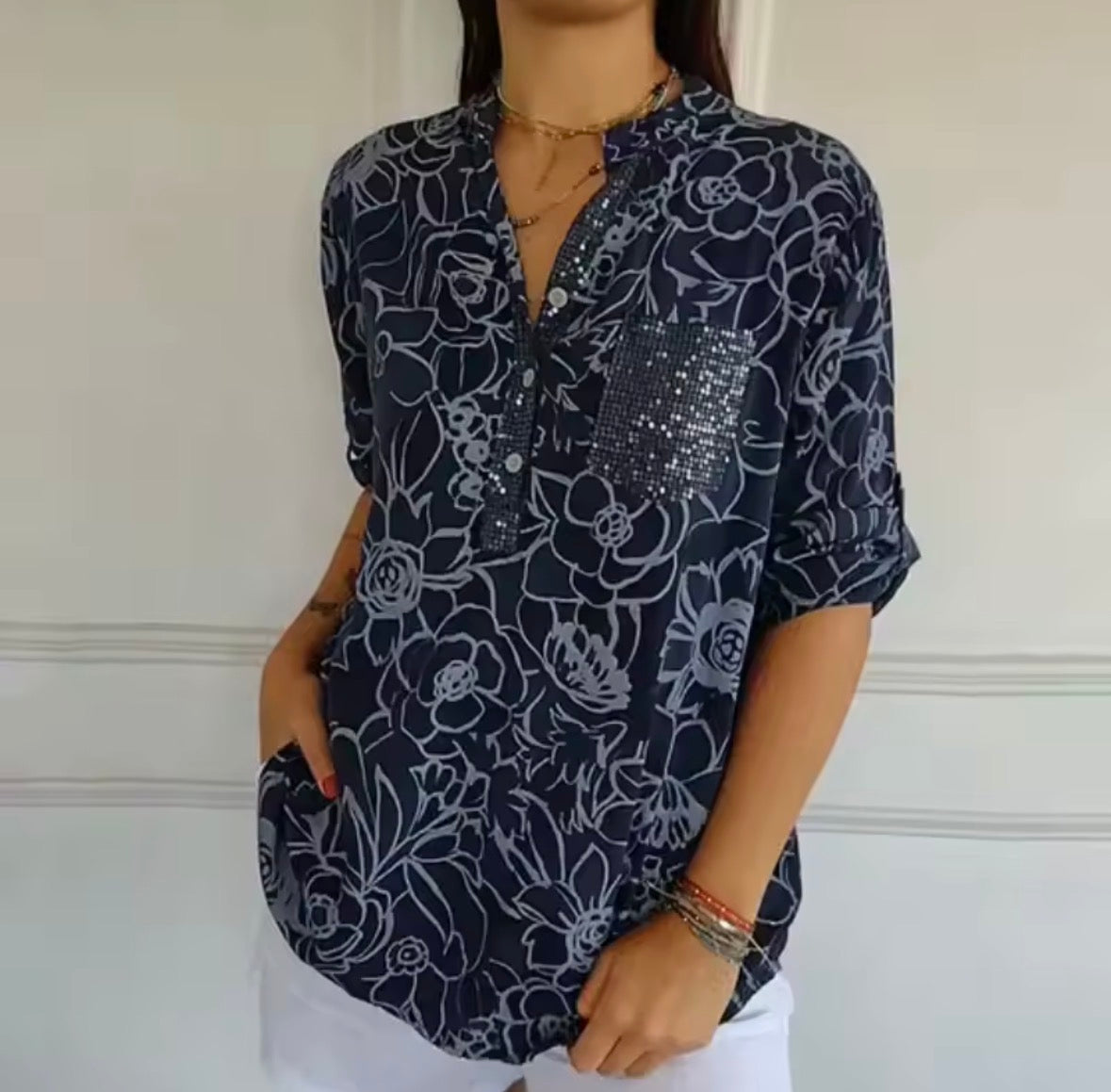 Floral Print Sequin Pocket Half Sleeve Blouse