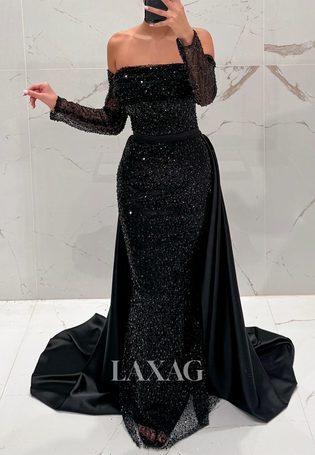 Long Sleeves Off-Shoulder Fully Sequined Formal Gowns Tube Top Pleated Mermaid Prom Dress with Satin Train
