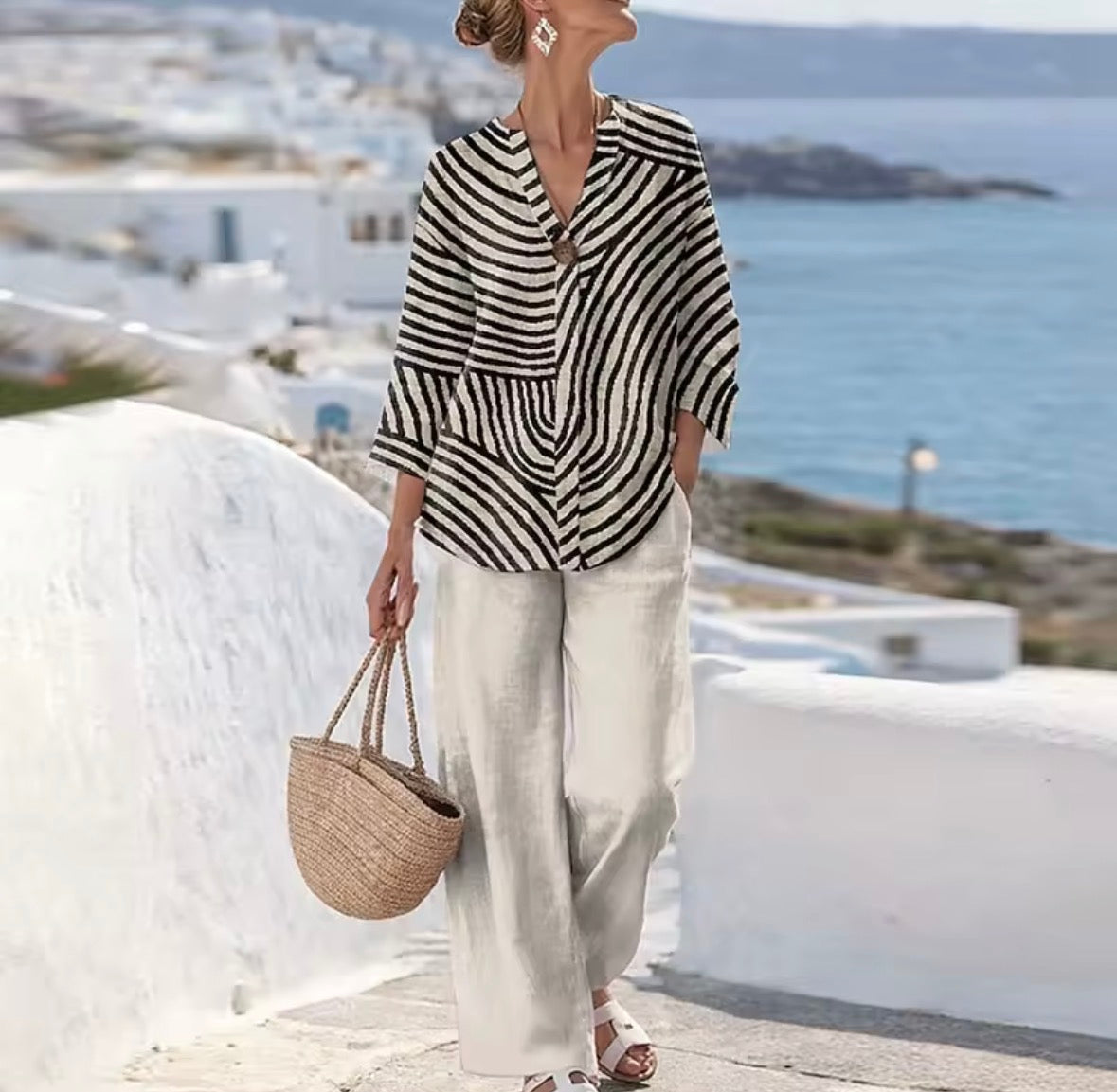 Striped Button Front Shirt and Wide Leg Pants Two Piece Set