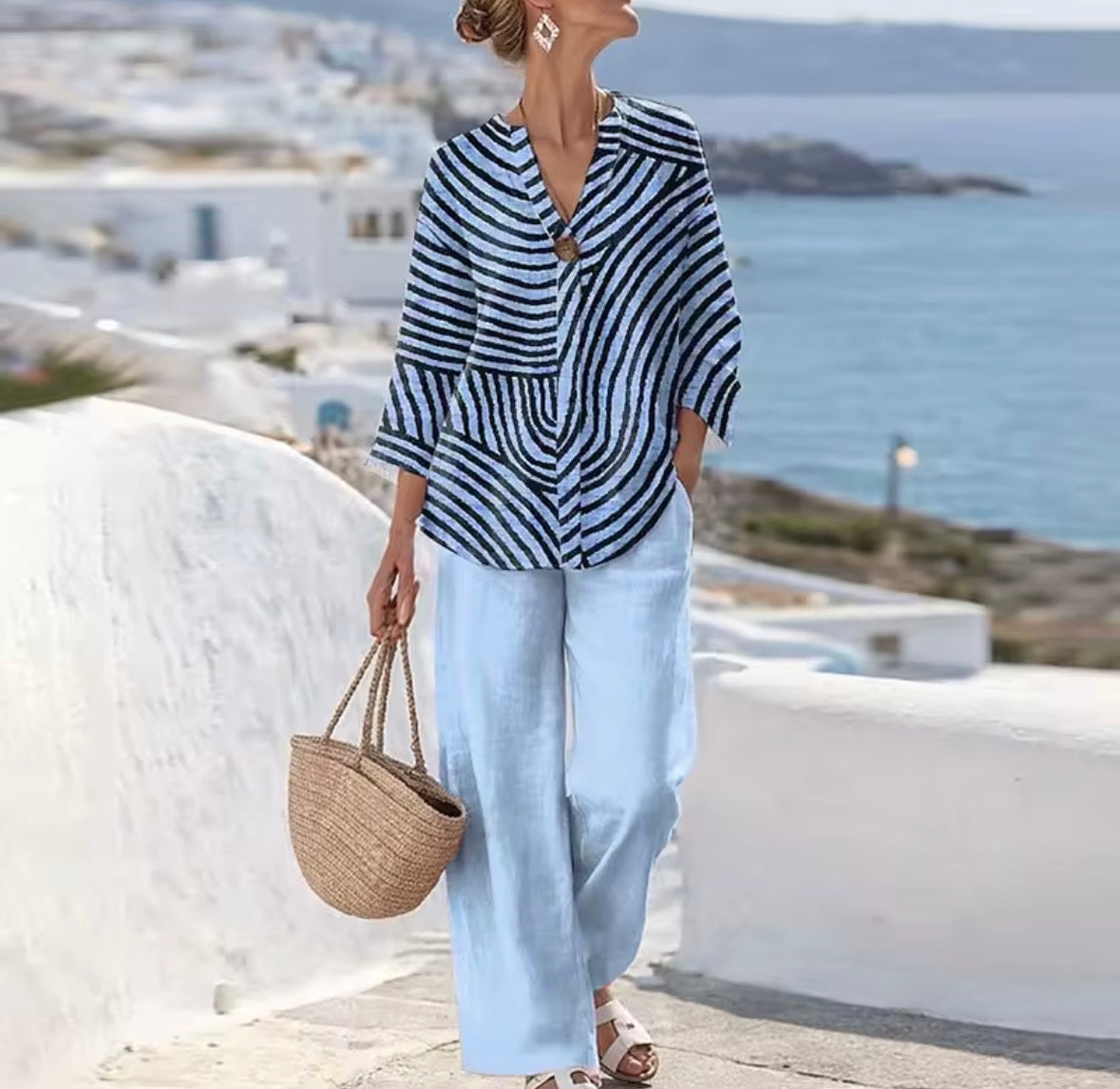 Striped Collared Top and Wide Leg Pants Two Piece Set