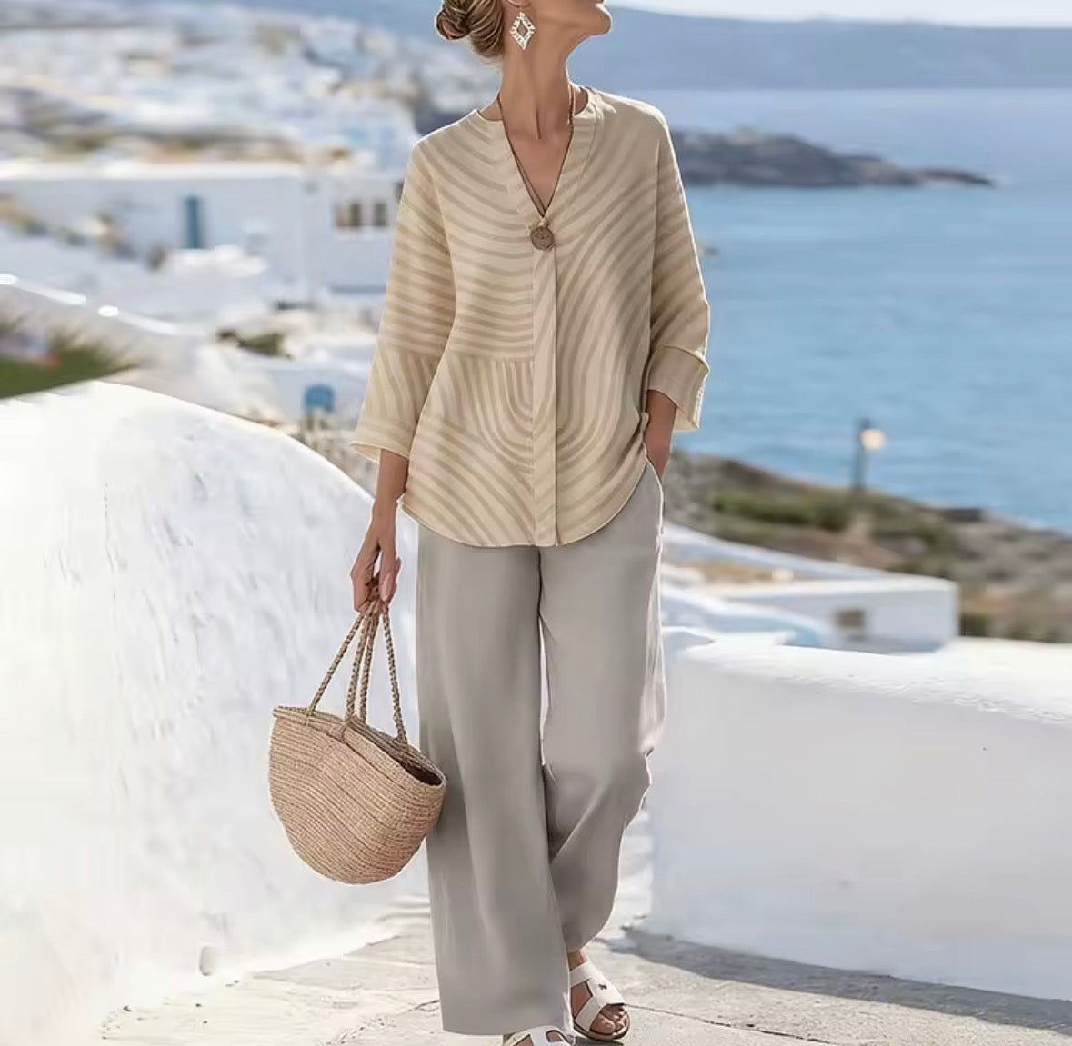 Striped Button Front Shirt and Wide Leg Pants Two Piece Set