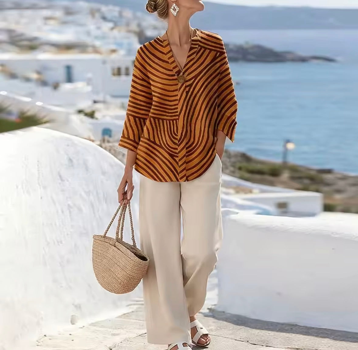 Striped Collared Top and Wide Leg Pants Two Piece Set