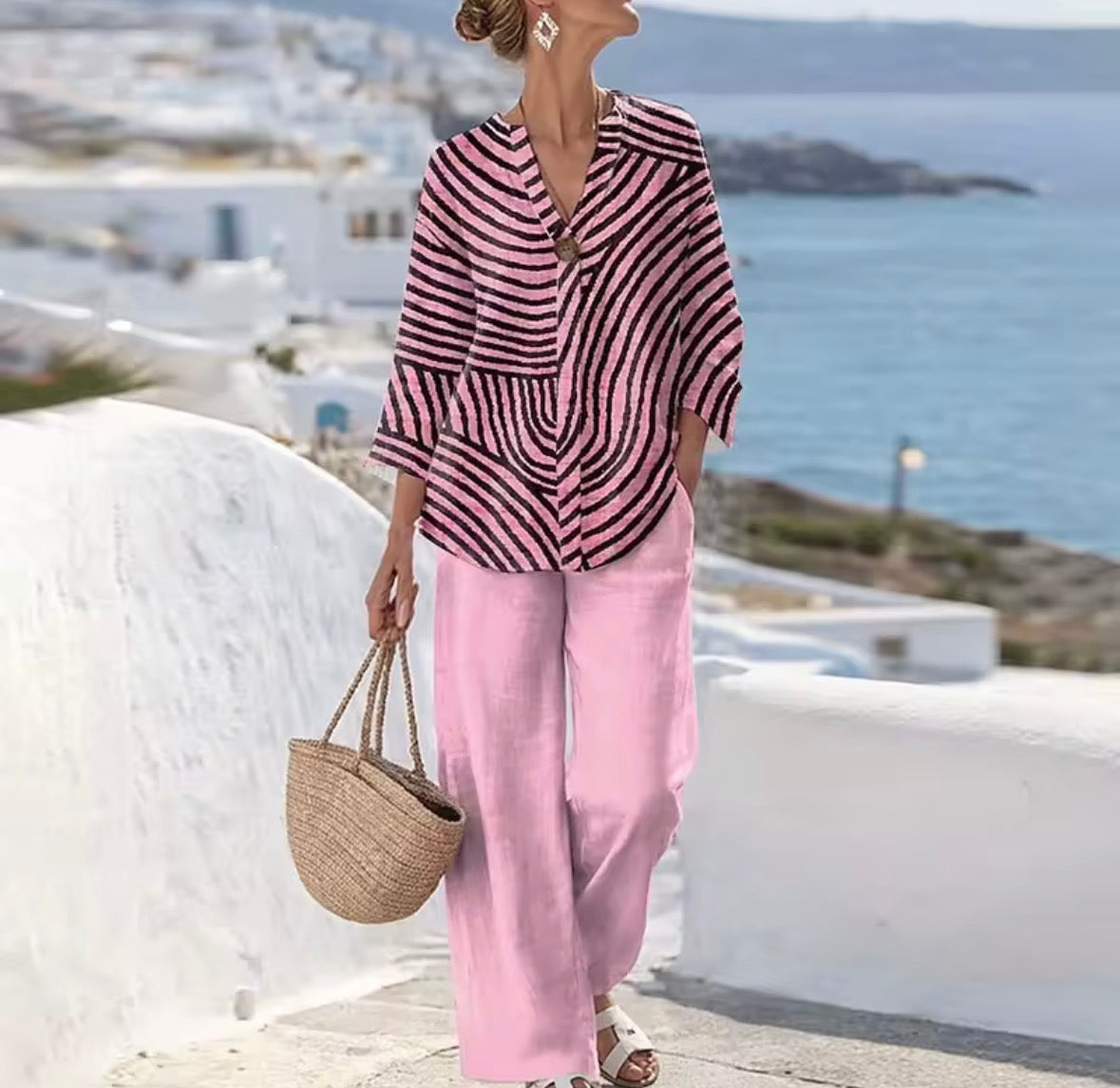 Striped Collared Top and Wide Leg Pants Two Piece Set
