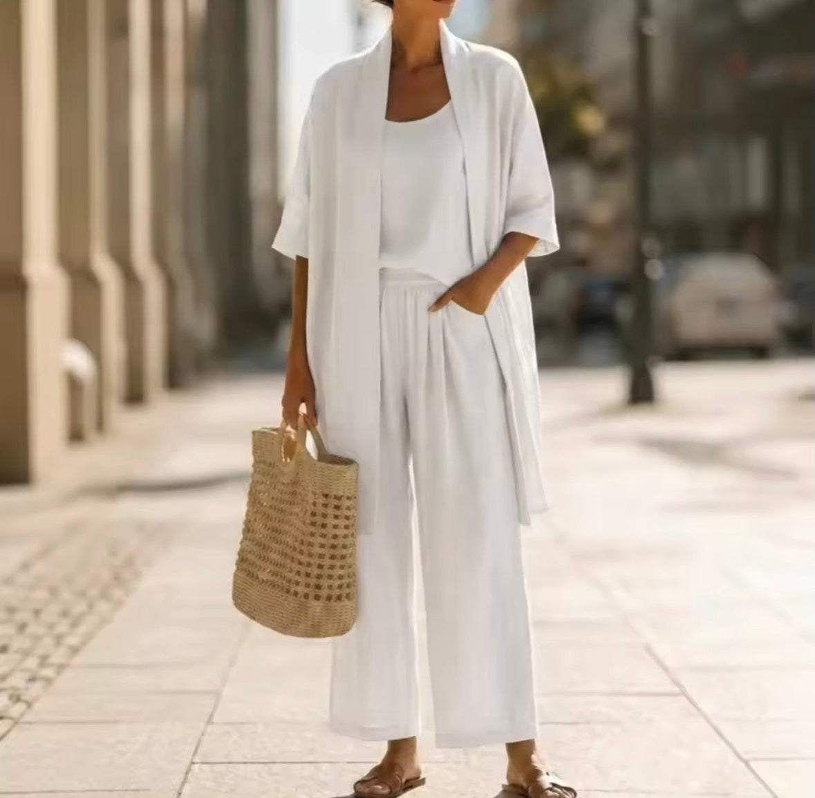 Open Front Cardigan Tank and Wide Leg Pants Three Piece Set