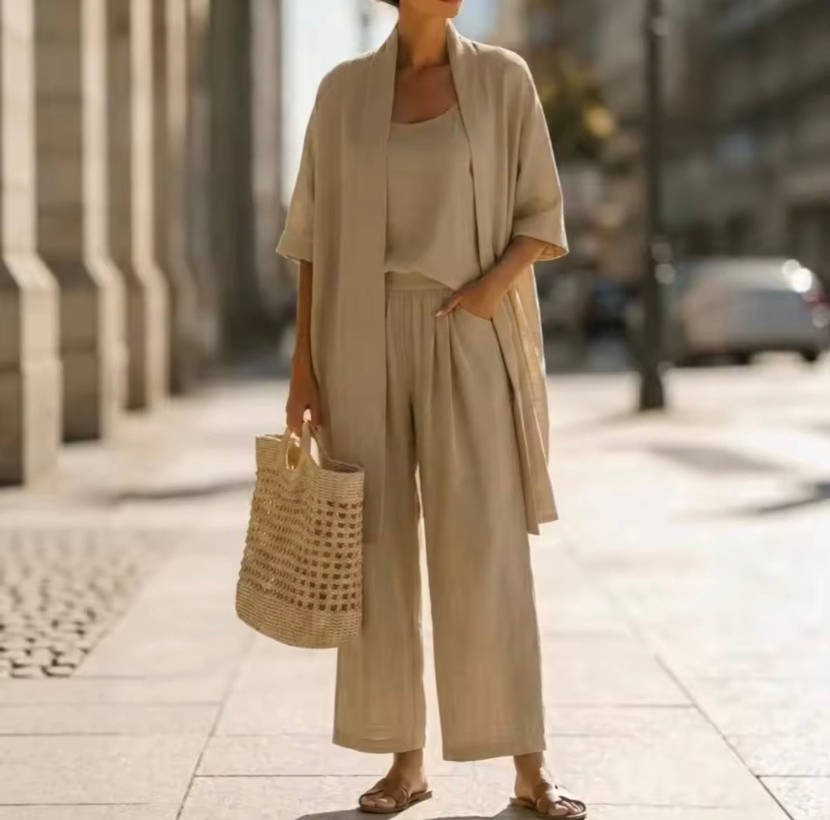 Open Front Cardigan Tank and Wide Leg Pants Three Piece Set