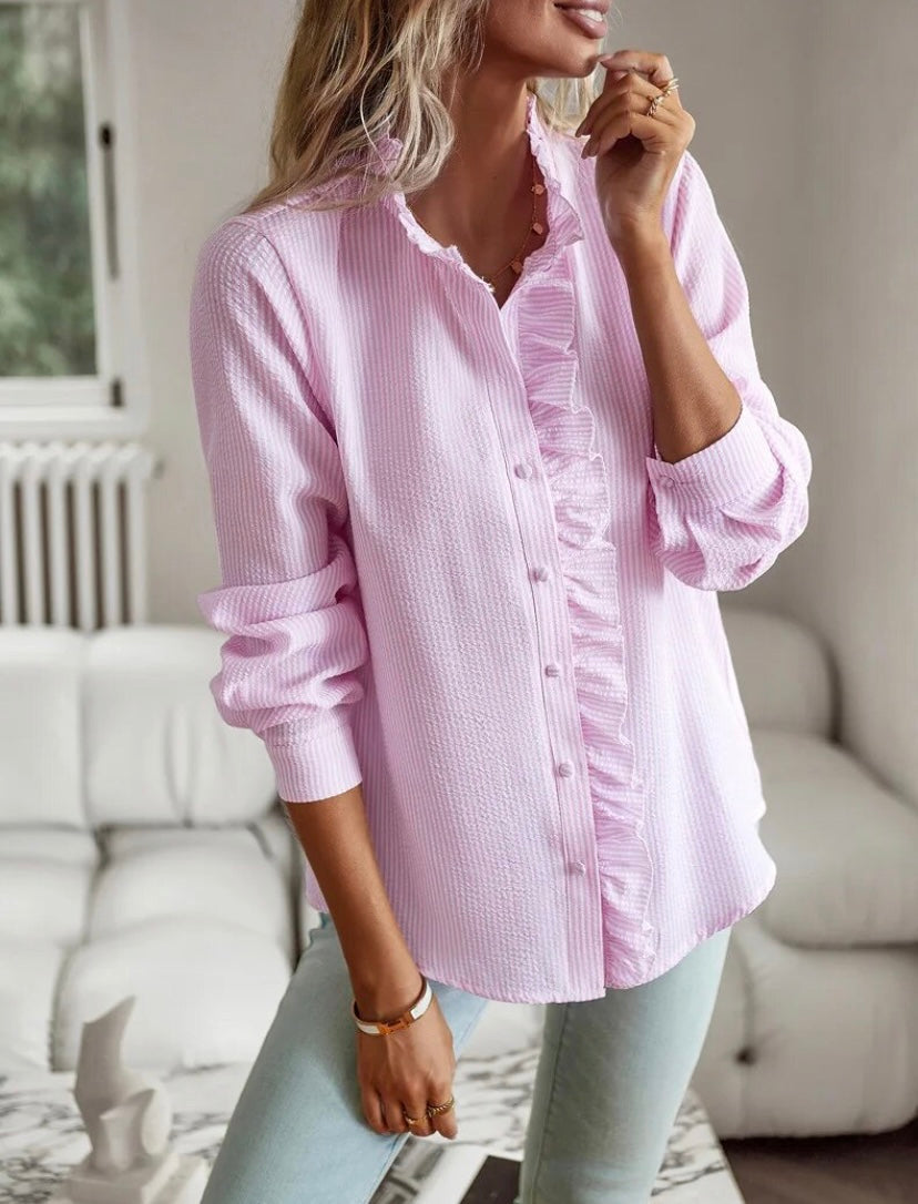 Ruffle Trim Stand Neck Long Sleeve Textured Blouse