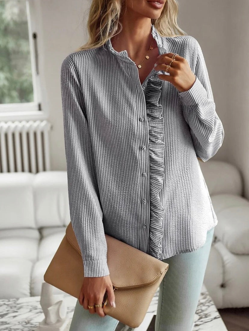 Ruffle Trim Stand Neck Long Sleeve Textured Blouse
