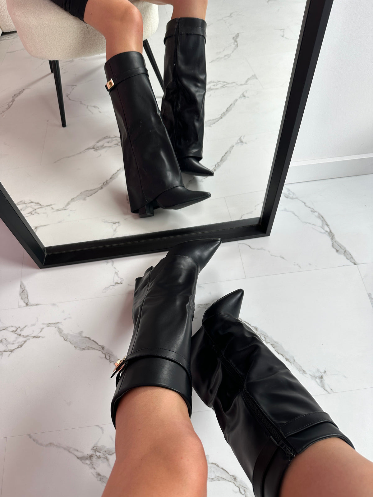 Pointed Toe Fold Over Buckle Block Heel Knee High Boots