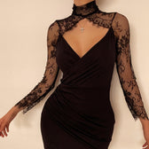 Hem lace low-cut high neck ruched midi dress 2
