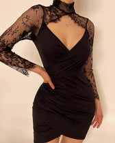 Hem lace low-cut high neck ruched midi dress 12