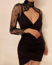 Hem lace low-cut high neck ruched midi dress 3