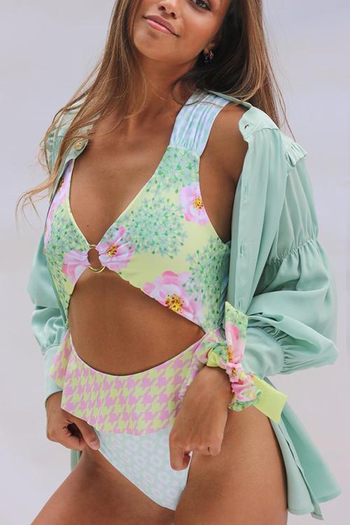 Floral Cut Out Ruffles One Piece Swimwear
