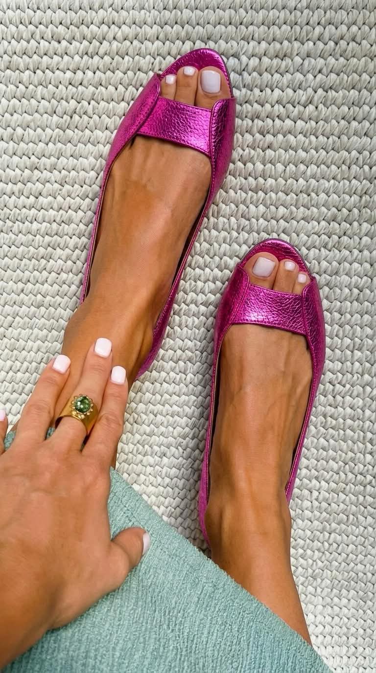 Metallic Peep Toe Slip On Ballet Flats