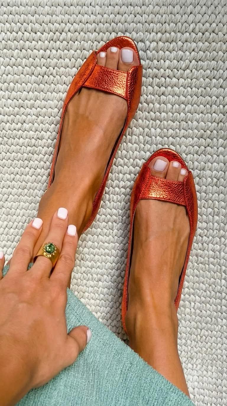 Metallic Peep Toe Slip On Ballet Flats