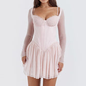 Bombshell Long Sleeve Bustier Graceful Corset Frill Mini Dress Pink / L