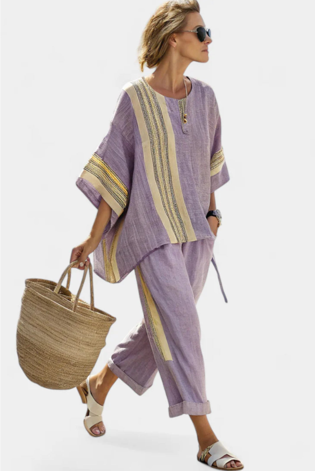 Striped Border Short Sleeve Top and Wide Leg Pants Two Piece Set