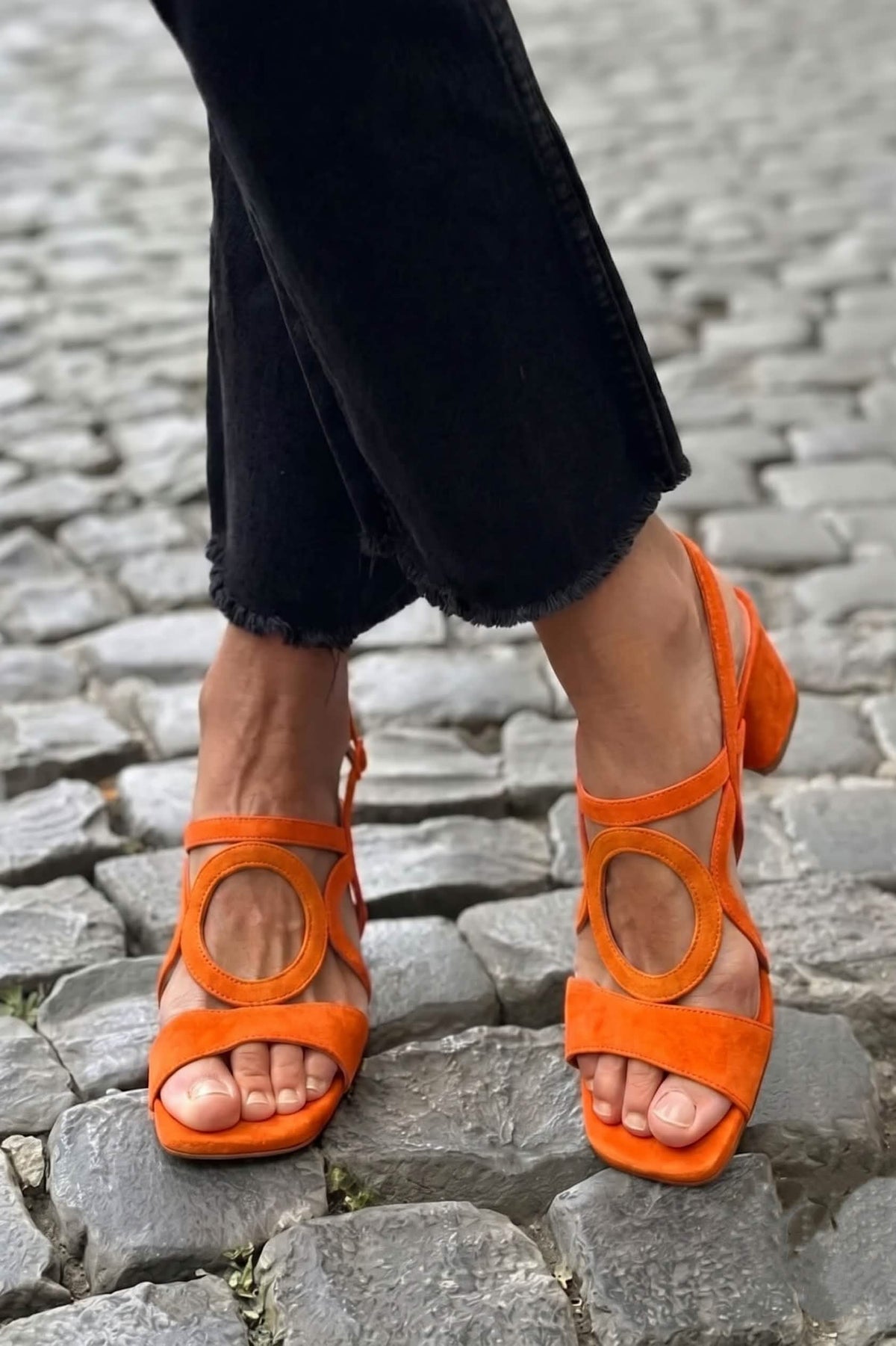 Circle Cut Out Suede Low Block Heel Sandals