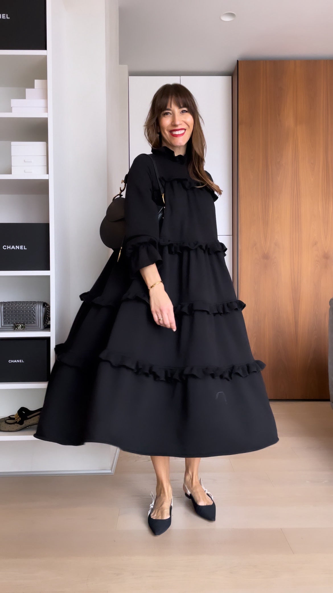 High Neck Long Sleeve Tiered Ruffle Midi Dress 5