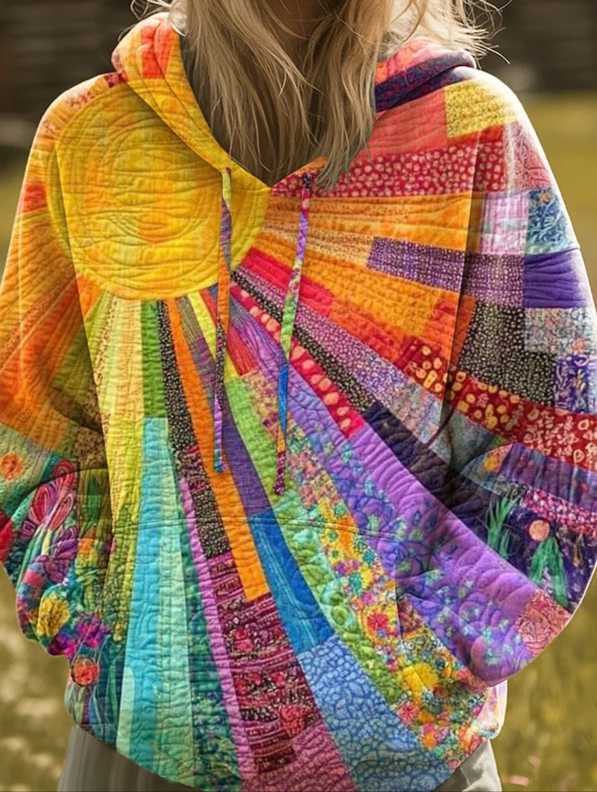 Sunburst Patchwork Print Quilted Pullover Hoodie