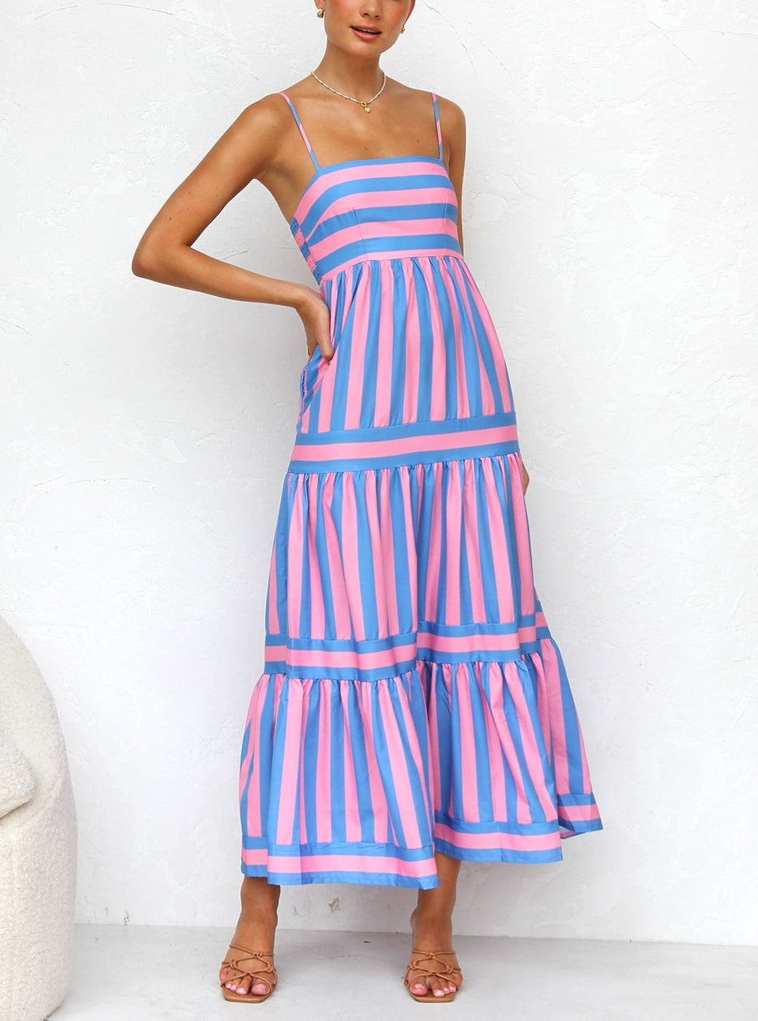 Striped Spaghetti Strap Tiered Maxi Dress Summer