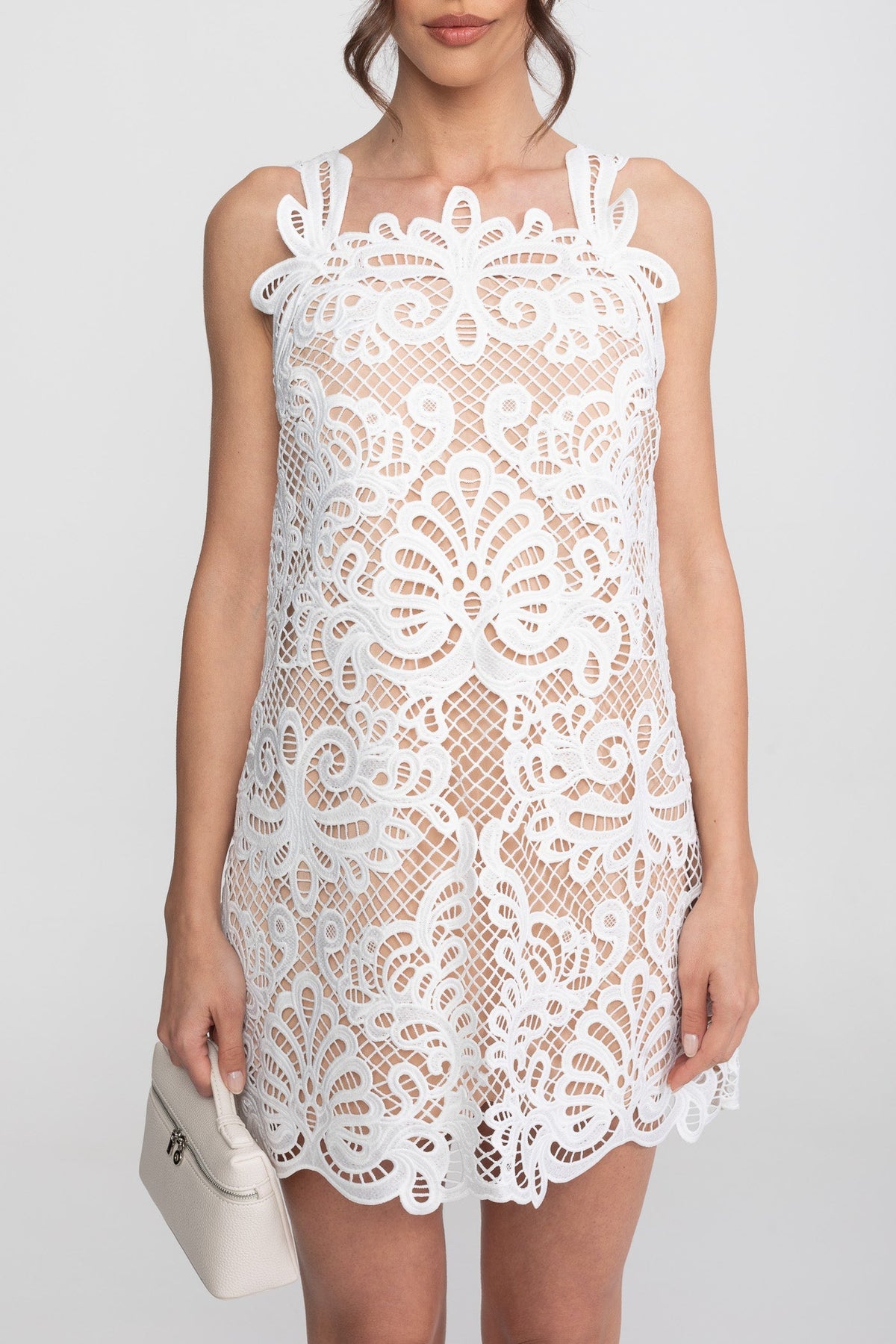Square Neck Sleeveless Guipure Lace Scallop Hem Shift Mini Dress 7