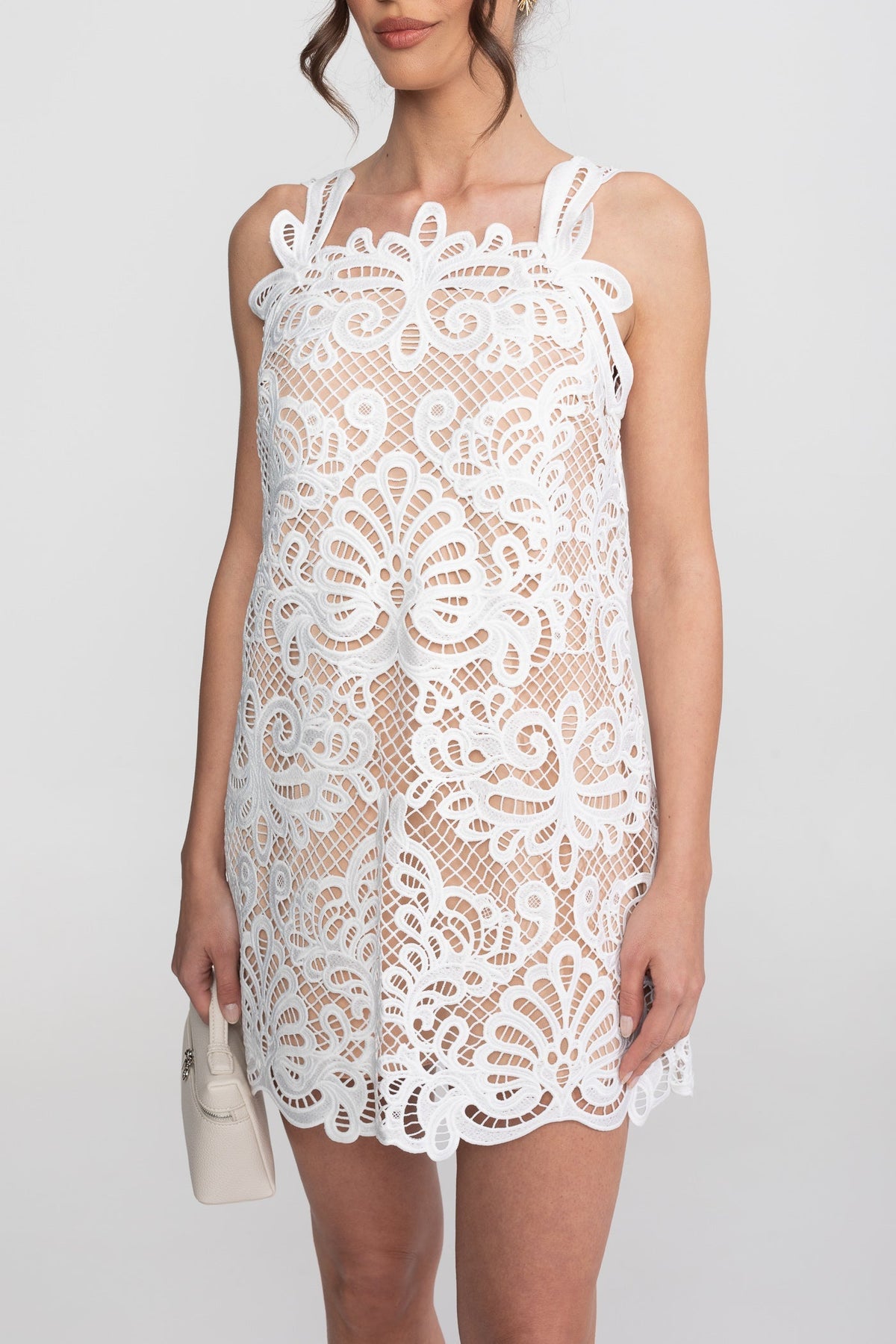 Square Neck Sleeveless Guipure Lace Scallop Hem Shift Mini Dress 8
