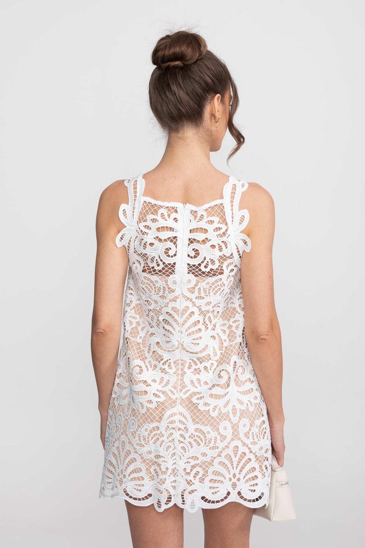 Square Neck Sleeveless Guipure Lace Scallop Hem Shift Mini Dress 12