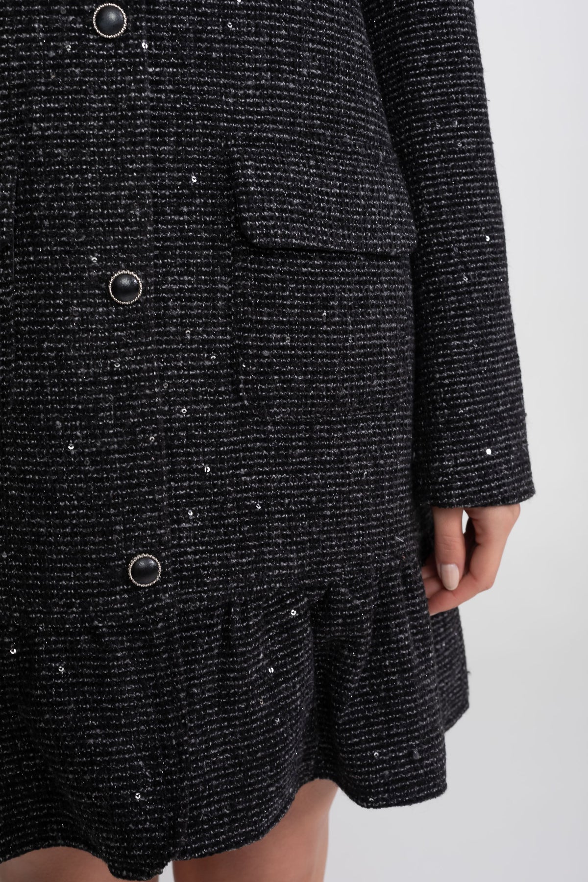 Sequin Tweed Contrast Collar Long Sleeve Button Front Ruffle Hem Mini Dress 3